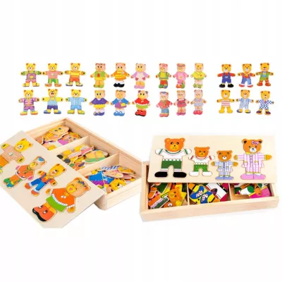 Drewniana układanka misie skrzynka klocki 74 el puzzle