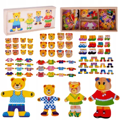 Drewniana układanka misie skrzynka klocki 74 el puzzle