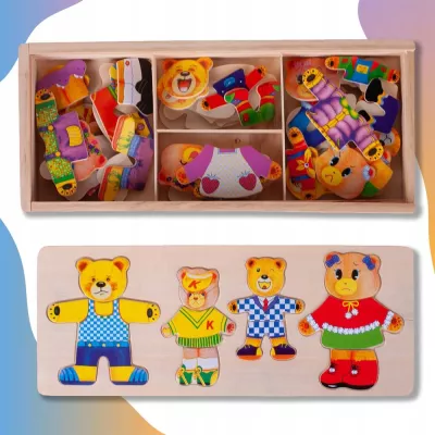 Drewniana układanka misie skrzynka klocki 74 el puzzle