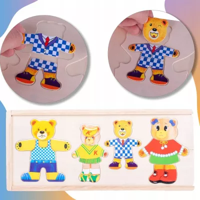 Drewniana układanka misie skrzynka klocki 74 el puzzle
