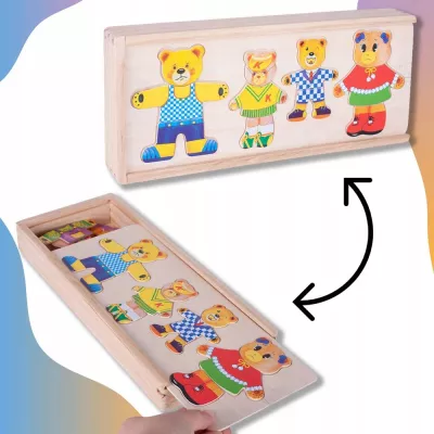 Drewniana układanka misie skrzynka klocki 74 el puzzle