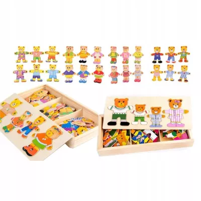 Drewniana układanka misie skrzynka klocki 74 el puzzle