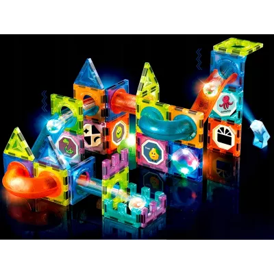 Klocki magnetyczne świecące tor kulkowy edukacyjny zestaw 75 elementów