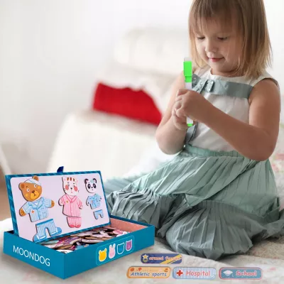 Klocki puzzle magnetyczne ubieranka miś kotek 68 el tablica 2w1