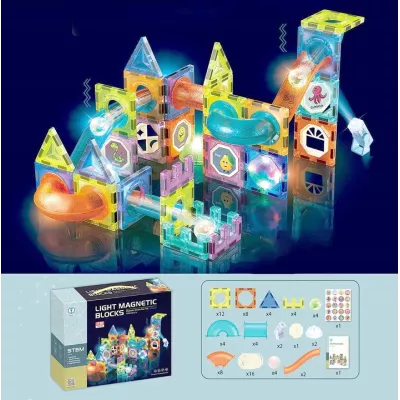 Klocki magnetyczne świecące tor kulkowy edukacyjny zestaw 75 elementów