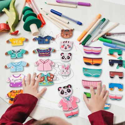 Klocki puzzle magnetyczne ubieranka miś kotek 68 el tablica 2w1