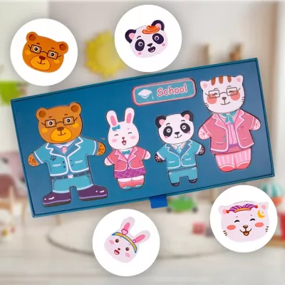 Klocki puzzle magnetyczne ubieranka miś kotek 68 el tablica 2w1