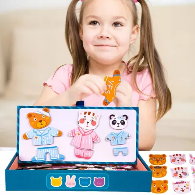 Klocki puzzle magnetyczne ubieranka miś kotek 68 el tablica 2w1