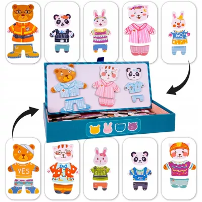 Klocki puzzle magnetyczne ubieranka miś kotek 68 el tablica 2w1