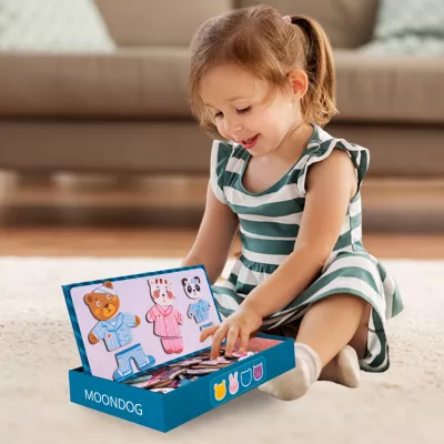 Klocki puzzle magnetyczne ubieranka miś kotek 68 el tablica 2w1