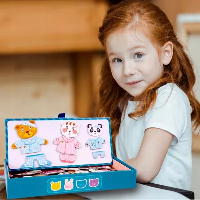 Klocki puzzle magnetyczne ubieranka miś kotek 68 el tablica 2w1