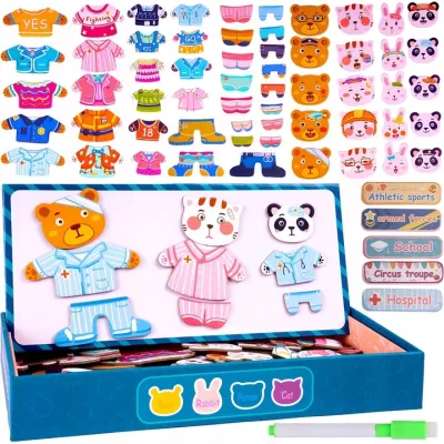 Klocki puzzle magnetyczne ubieranka miś kotek 68 el tablica 2w1