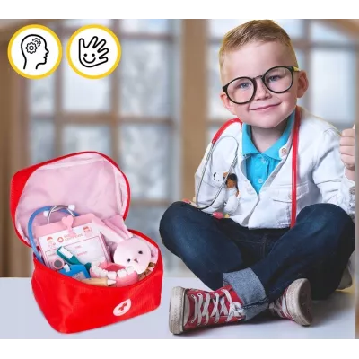 Drewniany zestaw lekarza i dentysty w walizce 2 króliczki dla dzieci duży