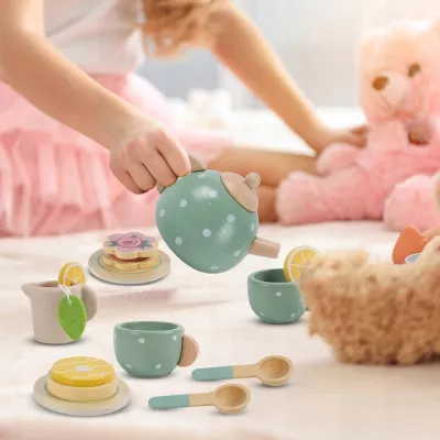 Drewniany zestaw do herbatki dla dzieci solidny serwis do zabawy filiżanki
