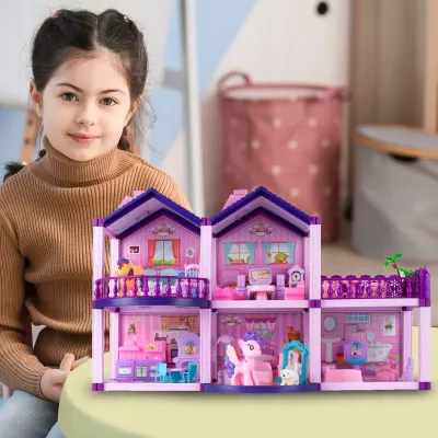 Domek dla lalek różowy duży piętrowy z mebelkami kucyki koniki dla dzieci