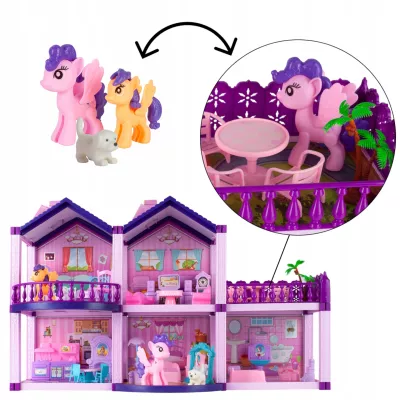 Domek dla lalek różowy duży piętrowy z mebelkami kucyki koniki dla dzieci