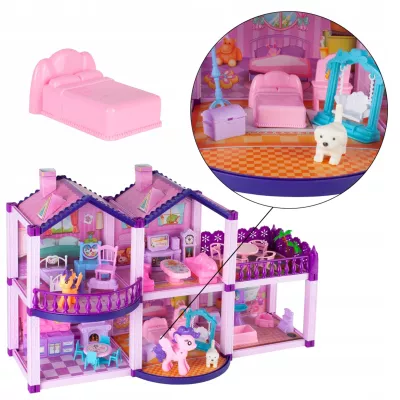 Domek dla lalek różowy duży piętrowy z mebelkami kucyki koniki dla dzieci