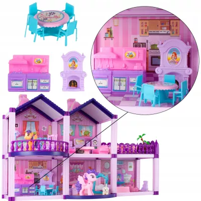 Domek dla lalek różowy duży piętrowy z mebelkami kucyki koniki dla dzieci