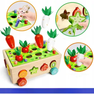 Układanka Montessori sorter klocków Złap Robaczka drewniany wózek marchewki