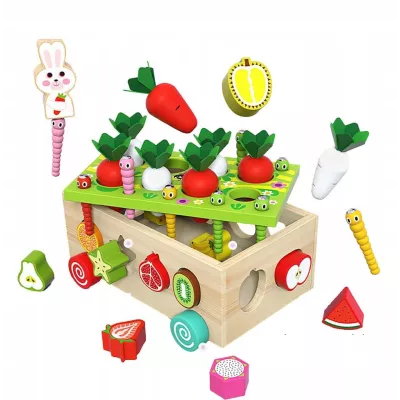 Układanka Montessori sorter klocków Złap Robaczka drewniany wózek marchewki