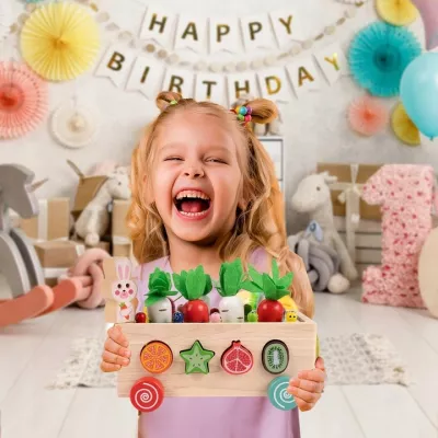 Układanka Montessori sorter klocków Złap Robaczka drewniany wózek marchewki