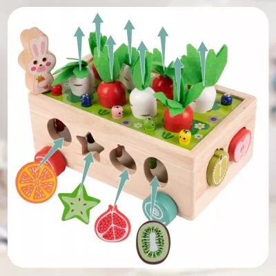Układanka Montessori sorter klocków Złap Robaczka drewniany wózek marchewki
