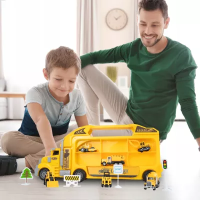 Ciężarówka walizka z metalowymi autkami budowlanymi 6 szt światła i dźwięki