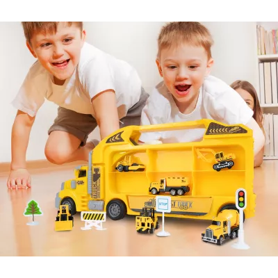 Ciężarówka walizka z metalowymi autkami budowlanymi 6 szt światła i dźwięki