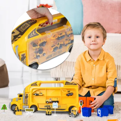 Ciężarówka walizka z metalowymi autkami budowlanymi 6 szt światła i dźwięki