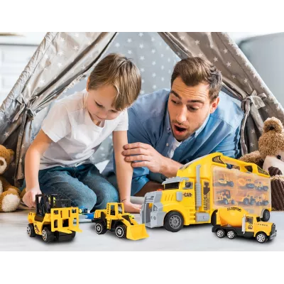 Ciężarówka walizka z metalowymi autkami budowlanymi 6 szt światła i dźwięki