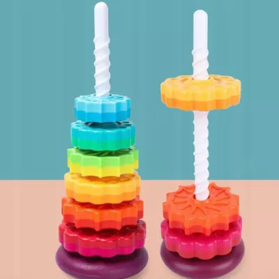 Tęczowa wieża sensoryczna 6 krążków - kreatywna piramidka edukacyjna
