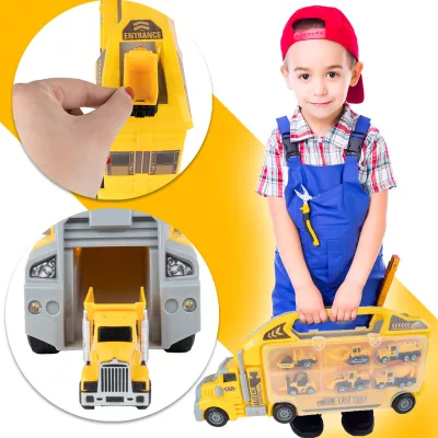 Ciężarówka walizka z metalowymi autkami budowlanymi 6 szt światła i dźwięki