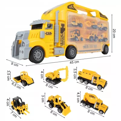 Ciężarówka walizka z metalowymi autkami budowlanymi 6 szt światła i dźwięki