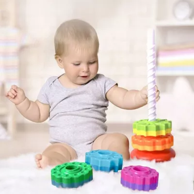 Tęczowa wieża sensoryczna 6 krążków - kreatywna piramidka edukacyjna