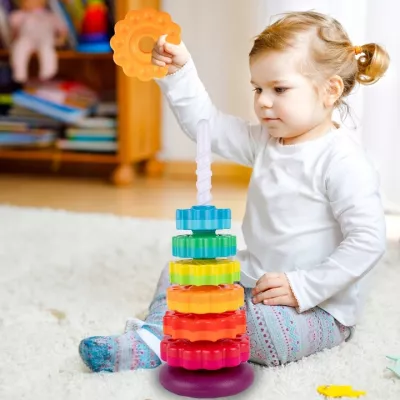 Tęczowa wieża sensoryczna 6 krążków - kreatywna piramidka edukacyjna