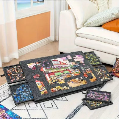 Ogromna mata filcowa do puzzli Stolik zamykany 6 szuflad organizer 77x54 cm