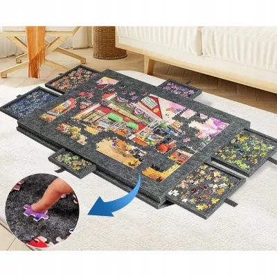 Ogromna mata filcowa do puzzli Stolik zamykany 6 szuflad organizer 77x54 cm