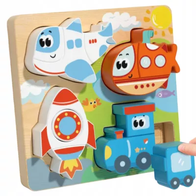 Drewniana układanka puzzle pojazdy dla dzieci 18m+ samolot rakieta pociąg