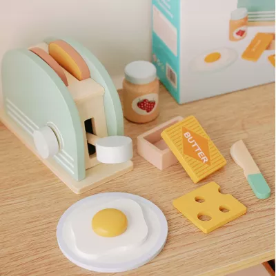 Drewniany toster dla dzieci z akcesoriami tosty zestaw śniadaniowy