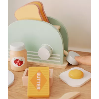 Drewniany toster dla dzieci z akcesoriami tosty zestaw śniadaniowy