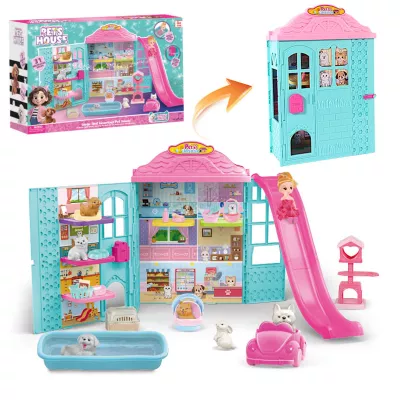 Rozkładany domek dla lalek z zjeżdżalnią 6 figurek zwierząt lalka dzwonek