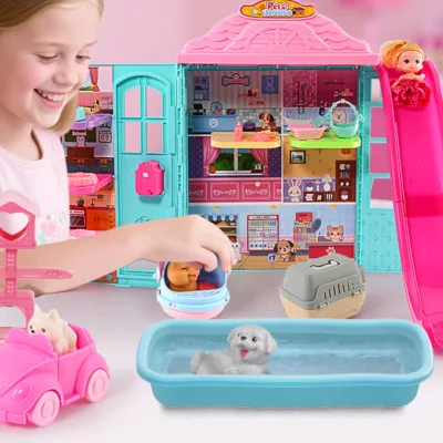 Rozkładany domek dla lalek z zjeżdżalnią 6 figurek zwierząt lalka dzwonek