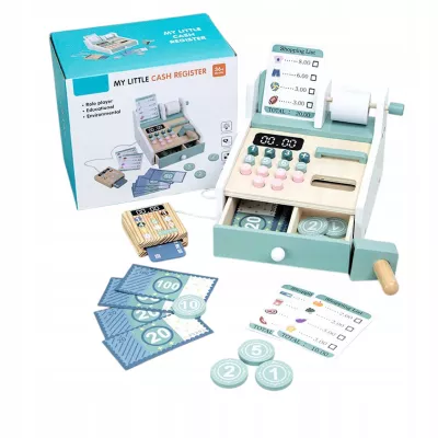 Drewniana kasa fiskalna sklepowa dla dzieci akcesoria zabawa w sklep