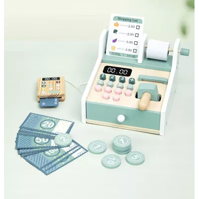 Drewniana kasa fiskalna sklepowa dla dzieci akcesoria zabawa w sklep