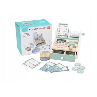 Drewniana kasa fiskalna sklepowa dla dzieci akcesoria zabawa w sklep