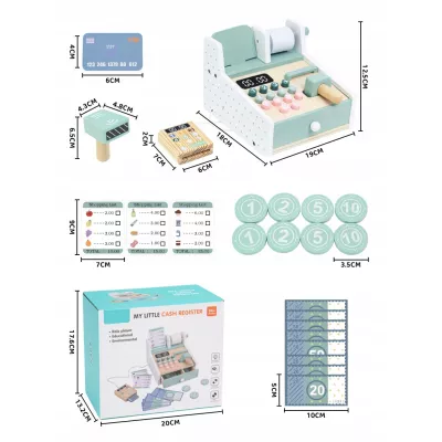 Drewniana kasa fiskalna sklepowa dla dzieci akcesoria zabawa w sklep