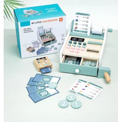 Drewniana kasa fiskalna sklepowa dla dzieci akcesoria zabawa w sklep