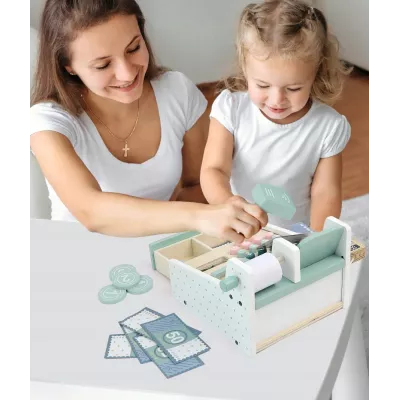 Drewniana kasa fiskalna sklepowa dla dzieci akcesoria zabawa w sklep