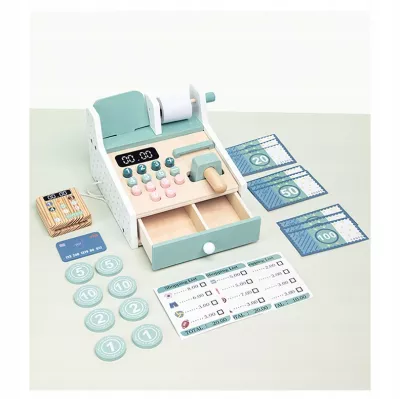 Drewniana kasa fiskalna sklepowa dla dzieci akcesoria zabawa w sklep