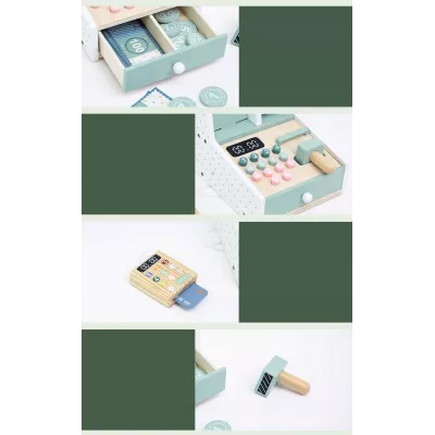 Drewniana kasa fiskalna sklepowa dla dzieci akcesoria zabawa w sklep